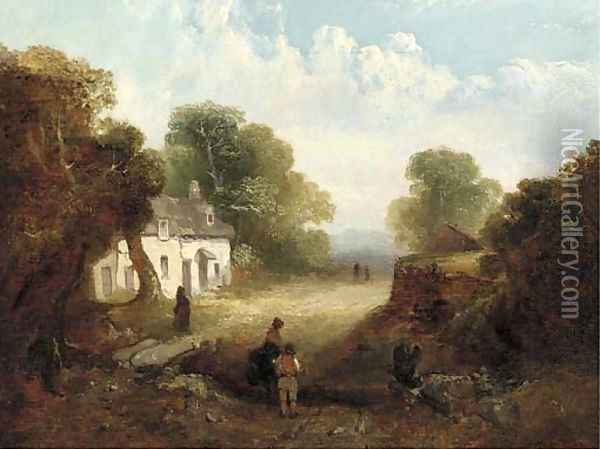 Figures before a sunlit cottage Oil Painting - John Crome