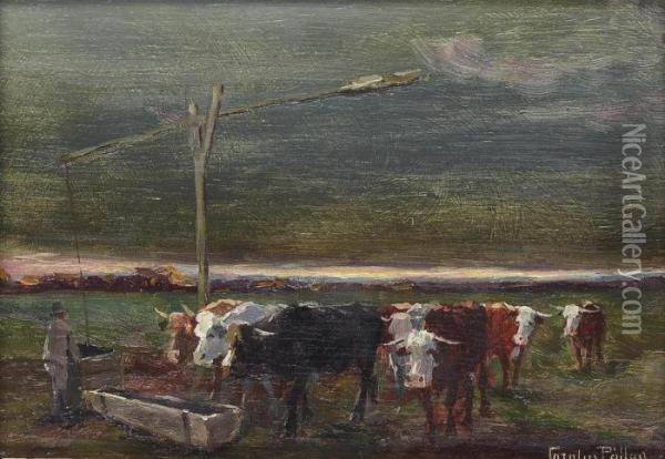 Cattle Watering Oil Painting - Carolus Pallya