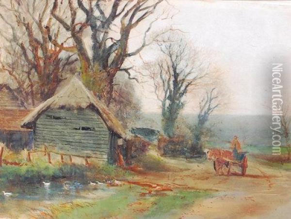 Horse And Cart Approaching A Thatched Barn With Duck Pond Oil Painting - Henry Charles Fox