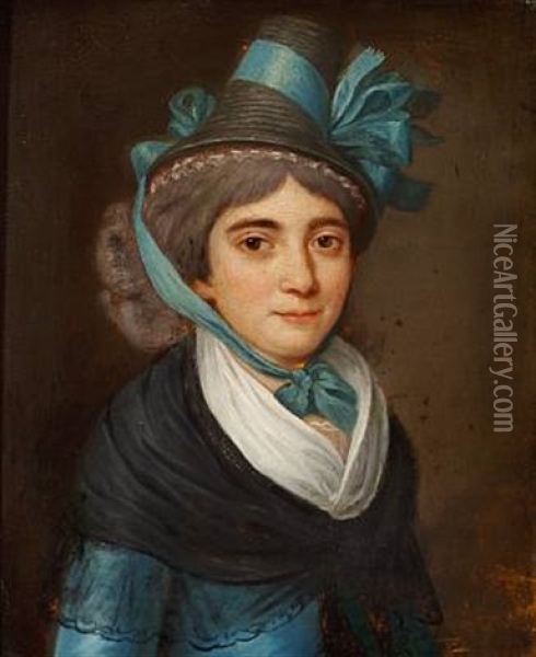 Portrait Of The Artist's Wife Anna Elisabeth Pauelsen Nee Lobeck In A Blue Dress And A Straw Hat Decorated With A Blue Ribbon Oil Painting - Erik Pauelsen