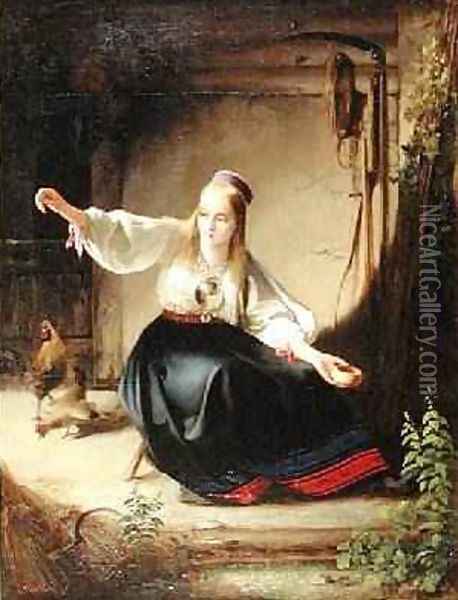 A Girl Feeding Hens 1839 Oil Painting - Timoleon Carl von Neff