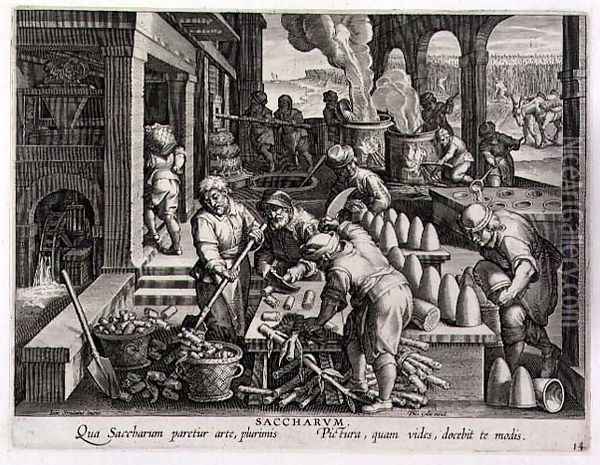 A Sugar Mill and the Production of Sugar Loaves, plate 14 from Nova Reperta New Discoveries engraved by Philip Galle 1537-1612 c.1600 Oil Painting - Giovanni Stradano