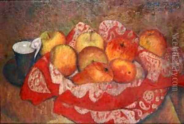 Apples and Pears on a Red Cloth Oil Painting - Mark Gertler