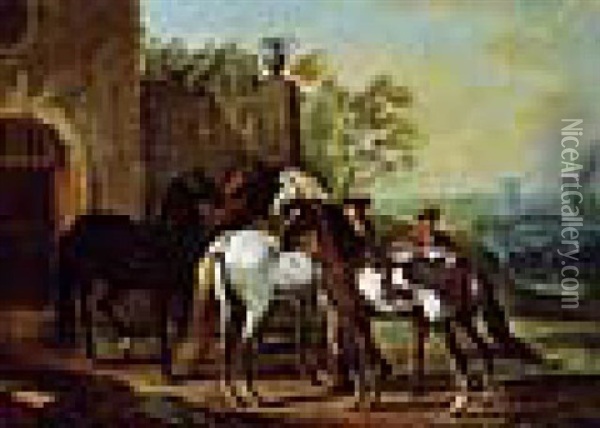 Pferde Und Pferdeknechte In Einer Landschaft Vor Einem Schlos Oil Painting - Dismar Degen