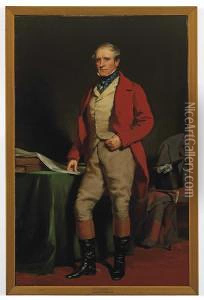 Portrait Of William Aird, Member Of The Lanarkshire And Renfrewshire Foxhounds, Full-length, In Hunting Dress, Standing By A Green Draped Table, His Right Hand Resting On A Newspaper Oil Painting - Daniel Macnee
