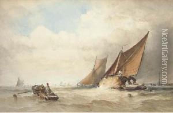 Hay Barges In Close Quarters Off The Coast Oil Painting - Thomas Sewell Robins