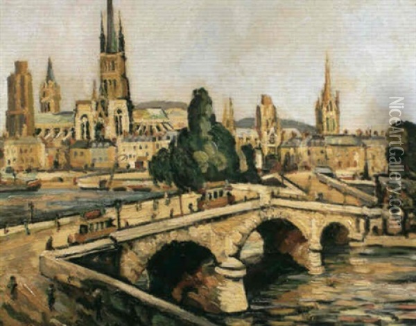 Le Pont De Pierre Et La Cathedrale A Rouen Oil Painting - Pierre Dumont