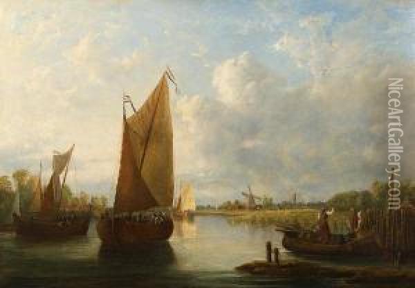 Dutch River Landscape, Oil On Canvas Oil Painting - John Berney Crome