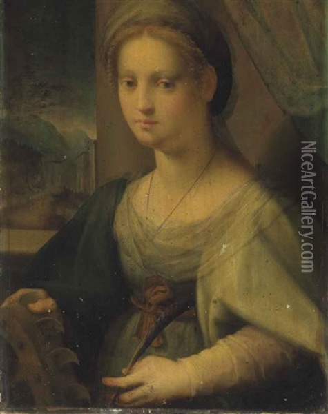 Portrait Of A Lady As Saint Catherine Of Alexandria Oil Painting - Domenico Puligo