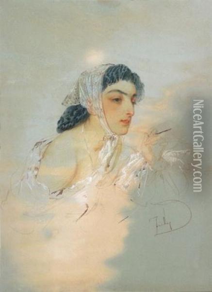 Young Lady Oil Painting - Mihaly von Zichy