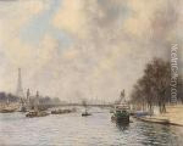View Of The Seine Looking Towards The Eiffel Tower And Pont Alexandre Iii Oil Painting - Alexis Vollon