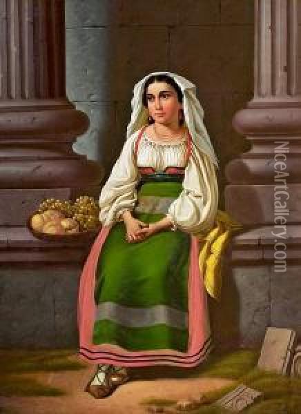 A Roman Girl Selling Fruit. Unsigned Oil Painting - Frederik Ludwig Storch
