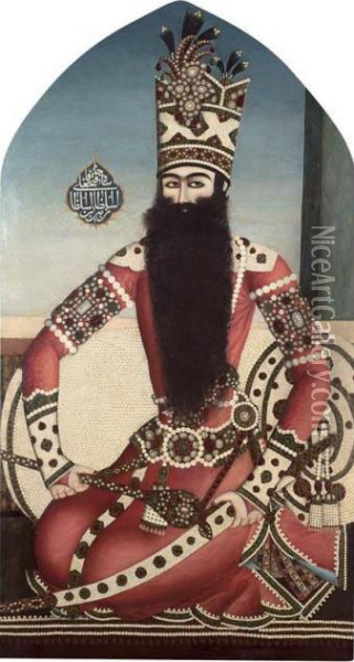 Rare And Important Monumental Portrait Of Fath 'ali Shah Qajar Oil Painting - Mubarak Ibn Mahmud Al-Qajar