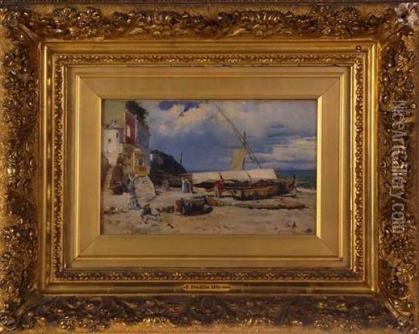 Scorcio Di Capri Con Barche E Pescatori Oil Painting - Francisco Pradilla y Ortiz