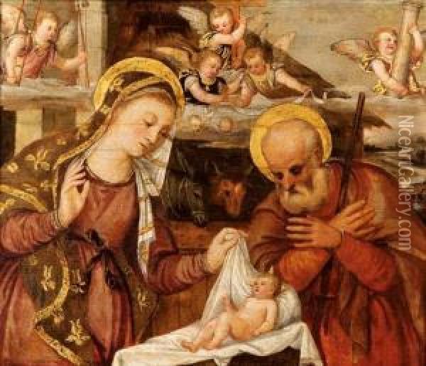 Nativita Con Angeli Recanti I Simboli Della Passione Di Cristo Oil Painting - Luca Mombello