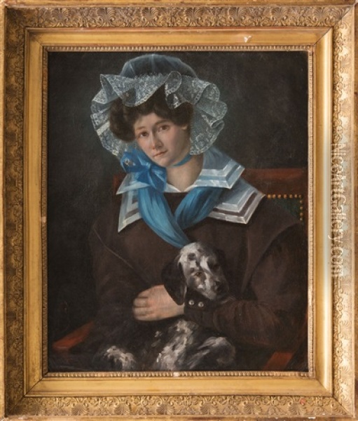 Jeune Femme Elegante Tenant Son Chien Sur Ses Genoux Oil Painting - Alfred Johannot