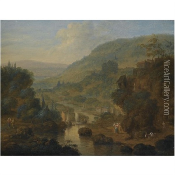 A Fluvial Landscape With Figures Conversing In The Foreground Oil Painting - Jan Griffier the Elder