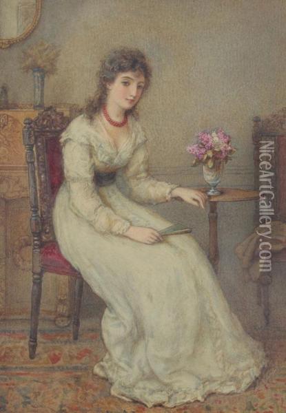 Interior Scene With Seated Maiden Holding A Fan Oil Painting - Gustavus Arthur Bouvier