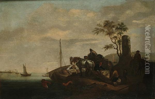 A River Landscape With Figures Loading A Barge Oil Painting - Pieter Wouwermans or Wouwerman