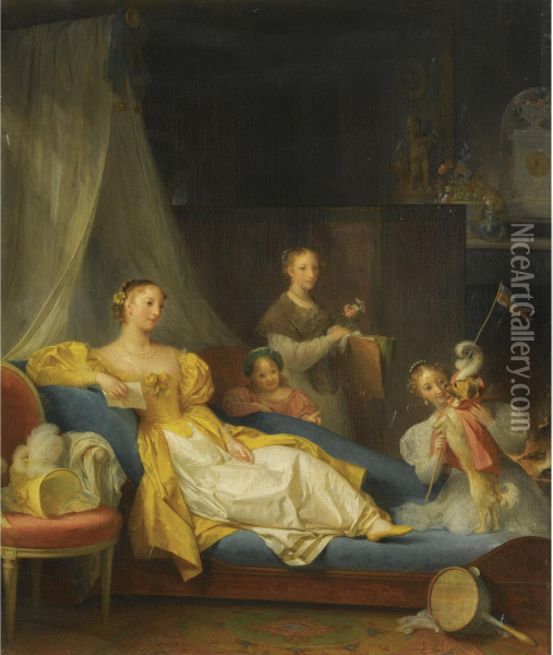 A Family In An Interior Playing With A Dog Oil Painting - Marguerite Gerard