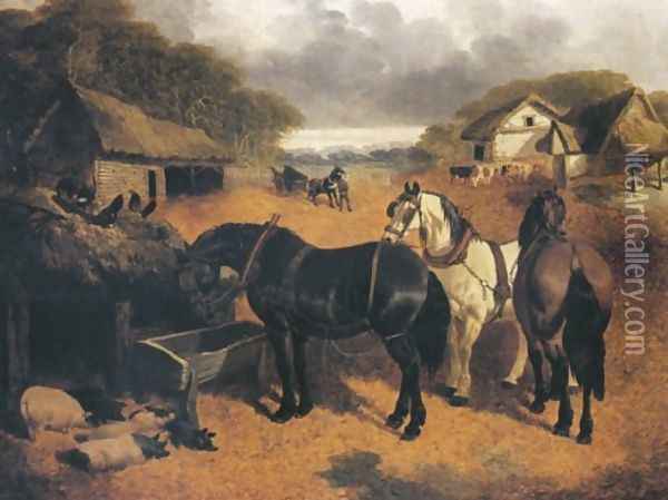 Horses By A Pig Sty 1852 Oil Painting - John Frederick Herring Snr