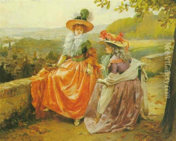 Elegant Ladies On A Promenade Oil Painting - Henri Victor Lesur