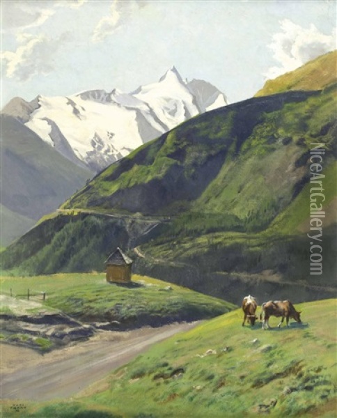 Kuhe Auf Der Alm Mit Gletscher Im Hintergrund Oil Painting - Hans Frank