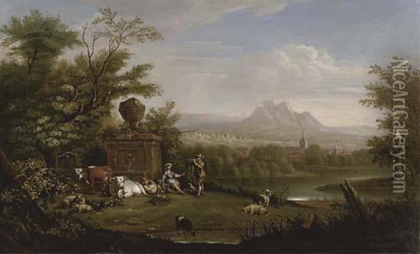 Cattle And Figures Beside A River In An Extensive Landscape Oil Painting - Francesco Zuccarelli