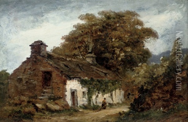 A Wooded Landscape With A Figure By A Cottage Oil Painting - David Cox the Elder