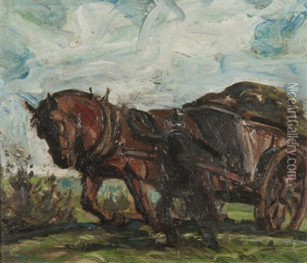 Horse And Cart Being Led By A Horseman Oil Painting - Harry Becker