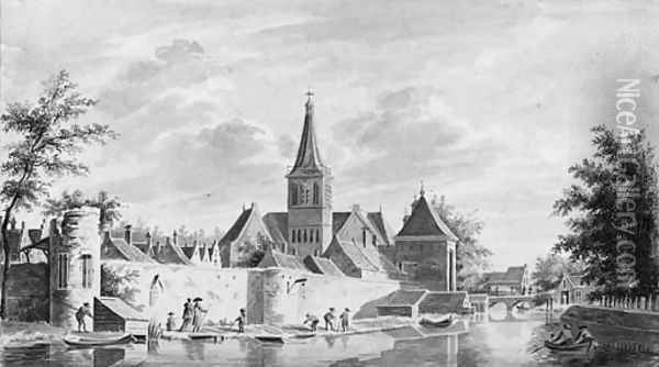 A view of the town walls of Vianen with the Landpoort Oil Painting - Gerrit Toorenburg