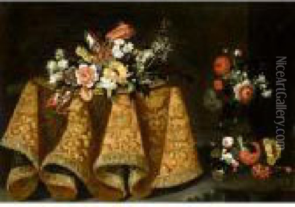 Still Life With A Bouquet Of 
Flowers On A Gold Plate On A Table Draped With A Gold Embroidered Cloth,
 A Vase Of Flowers Beyond Oil Painting - Antonio Gianlisi The Younger