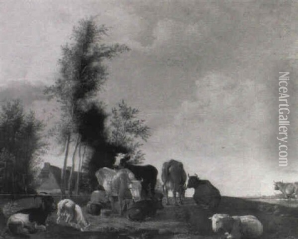 A Peasant Milking With Cattle, Sheep And Goats Nearby Oil Painting - Paulus Potter