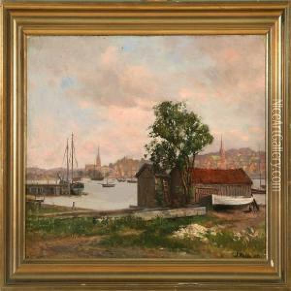 Flensburg Harbour Seen From Kielsweg Oil Painting - Jacob Nobbe