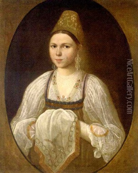 Portrait Of A Young Woman In Traditional Russian Costume Oil Painting - Ivan Petrovich Argunov