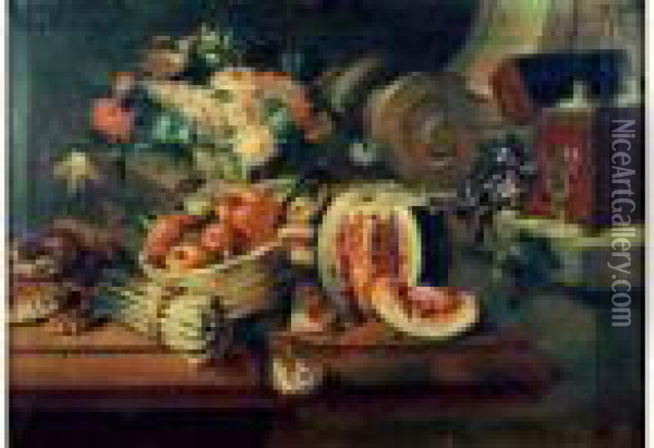 Nature Morte Aux Pasteque, Panier De Fruits, Asperges Et Coupe De Fleurs Oil Painting - Ludovico Stern