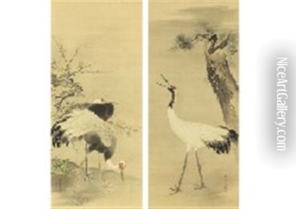 Pine, Bamboo And Plum And Crane(a Pair) Oil Painting - Hogai Kano
