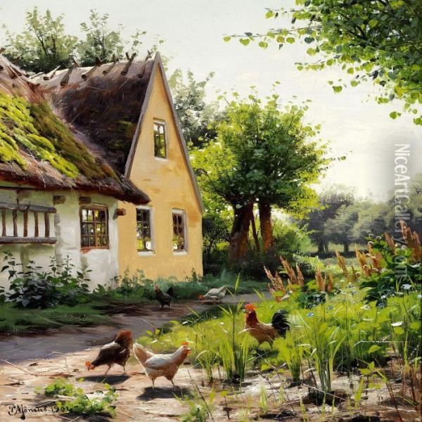 Summer Day With Chickens In The Backyard Of A Farm Oil Painting - Peder Mork Monsted