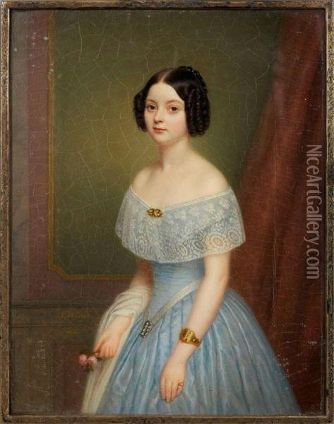 Portrait Einesvornehmen Madchens In Hellblauem Kleid Oil Painting - Lambertus Johannes Hansen