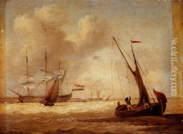 An Estuary With Fishermen Aboard A Dutch Pink On A Beach With A Man O'war And Other Vessels In Choppy Waters Off A Coast Beyond Oil Painting - David Kleyne