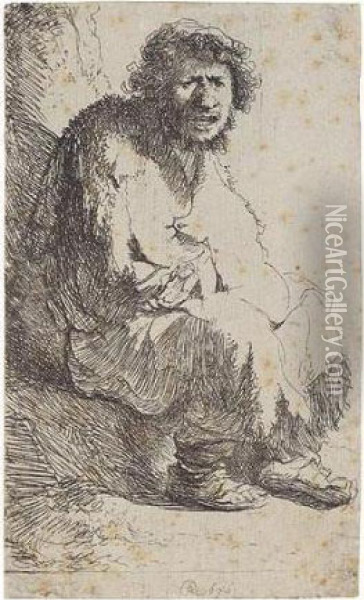Beggar Seated On A Bank (b., Holl.174; H.11; Bb.30-b) Oil Painting - Rembrandt Van Rijn