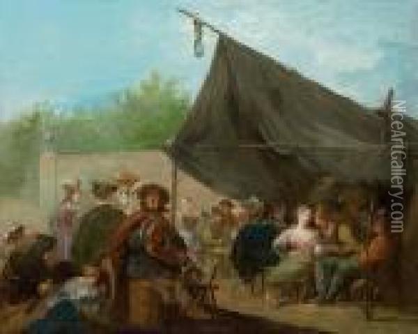 An Outdoor Banquet, With A Hurdy-gurdy Player Oil Painting - Giuseppe Bernardino Bison