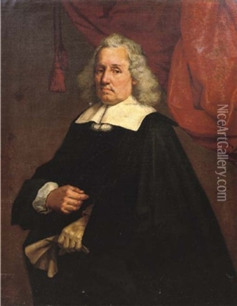 Portrait Of A Gentleman In A Black Costume With A White Collar And Cuffs, Standing In Front Of A Red Curtain Oil Painting - Jacob Oost the Elder