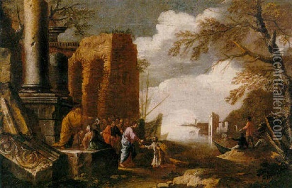 A Mediterranean Coastal Landscape With Christ Giving The Keys To Saint Peter Oil Painting - Giovanni Ghisolfi