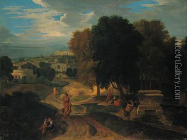 Figures In A Classical Landscape Oil Painting - Francisque I Millet