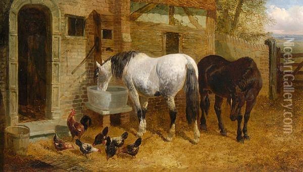 Horses And Chickens Before A Stable Oil Painting - John Frederick Herring Snr