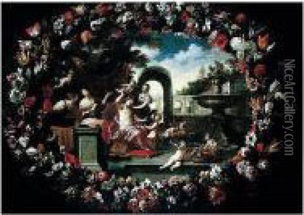 A Garland Of Flowers, Surrounding A Scene Illustrating The Toilet Of Venus Oil Painting - Pier Francesco Cittadini Il Milanese