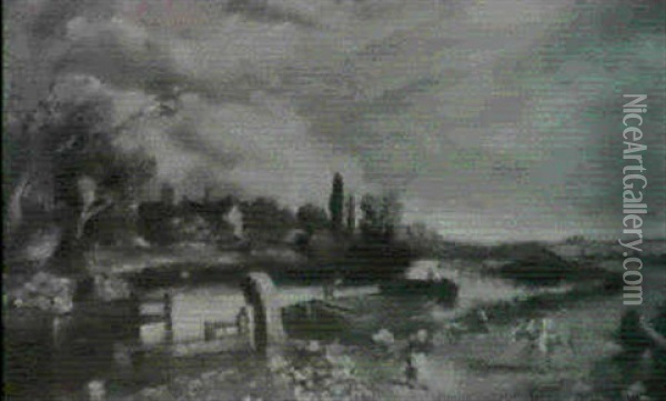 A River Landscape With Barges Passing Through A Lock Oil Painting - John Constable