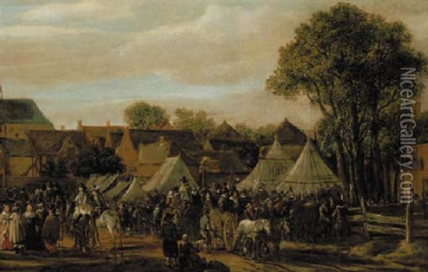 A Horse Fair (at Valkenburg?), With Figures In Wagons And On Horseback By Booths Outside The Town Walls Oil Painting - Cornelis Beelt