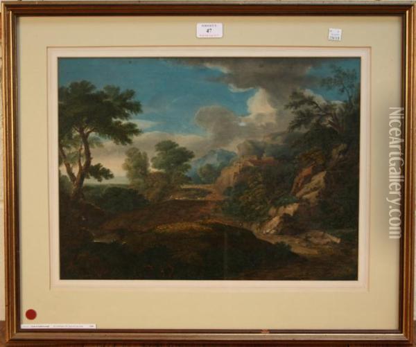 Italianate Landscape With Shepherd Driving Sheep Along A Path Near Classical Buildings Oil Painting - Thomas Gainsborough